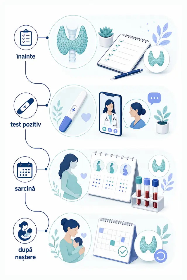 Cronologie medicală cu planul tiroidian înainte de concepție, contactul după testul pozitiv, monitorizarea în sarcină și reevaluarea după naștere