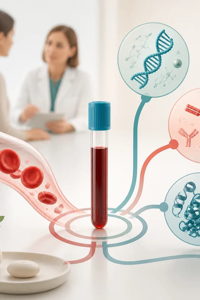 Hartă vizuală care separă testele genetice, proteinele anticoagulante și anticorpii dintr-un panel de trombofilie