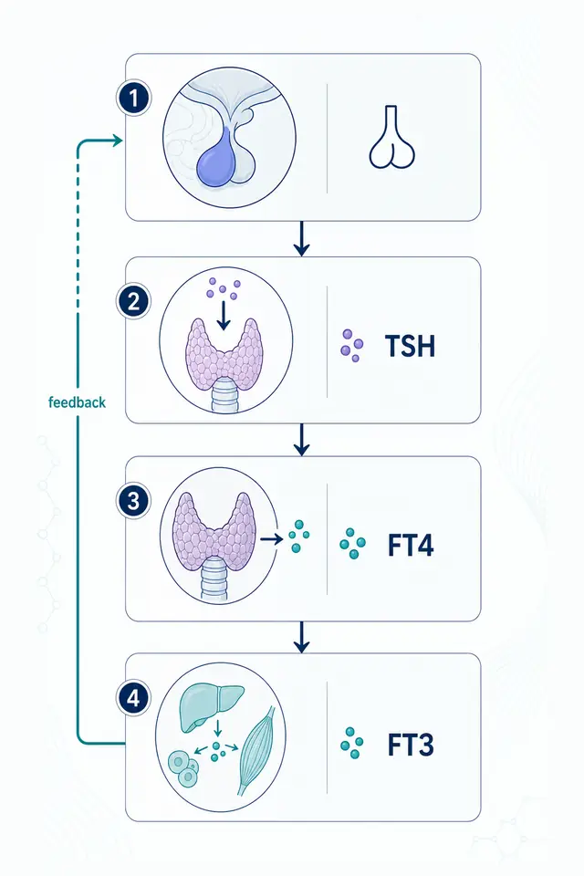 Hipofiza trimite TSH către tiroidă, tiroida eliberează FT4, țesuturile produc FT3, iar hormonii influențează înapoi semnalul hipofizar