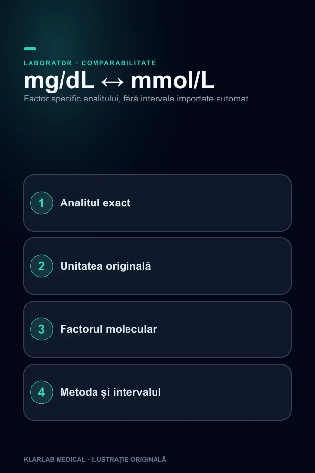 Diagramă verticală care separă valoarea, unitatea, metoda și intervalul de referință