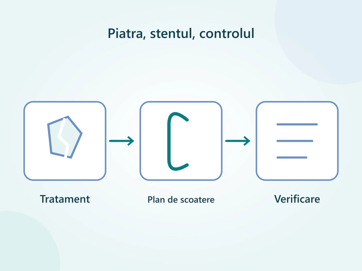 Planul după ureteroscopie leagă tratarea pietrei, urmărirea stentului și verificarea rezultatului.