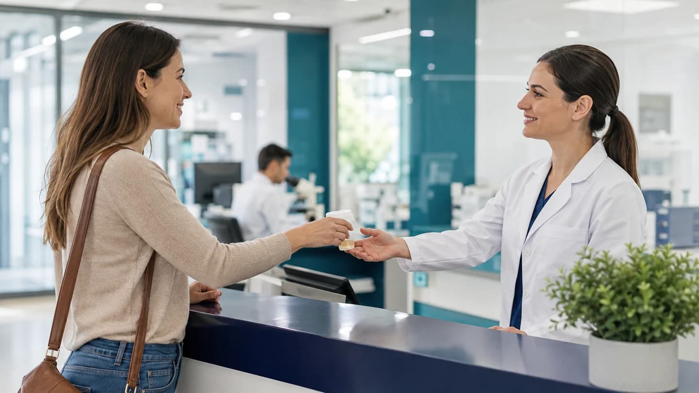 Pacientă care predă un recipient steril mic unui profesionist de laborator, într-un punct de recoltare luminos