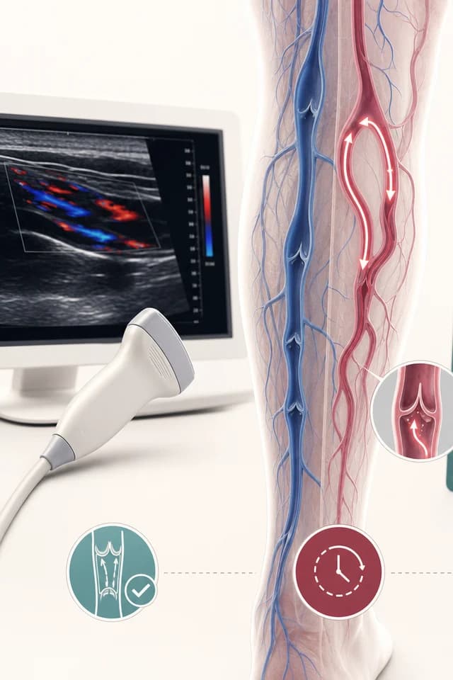 Hartă verticală pentru citirea unui raport Doppler venos în varice, de la excluderea trombozei la reflux profund, safene, joncțiuni, perforante și CEAP
