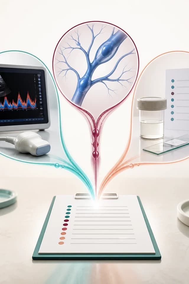 Hartă vizuală care leagă tehnica Doppler, diametrul venelor, refluxul, volumul testicular și spermograma