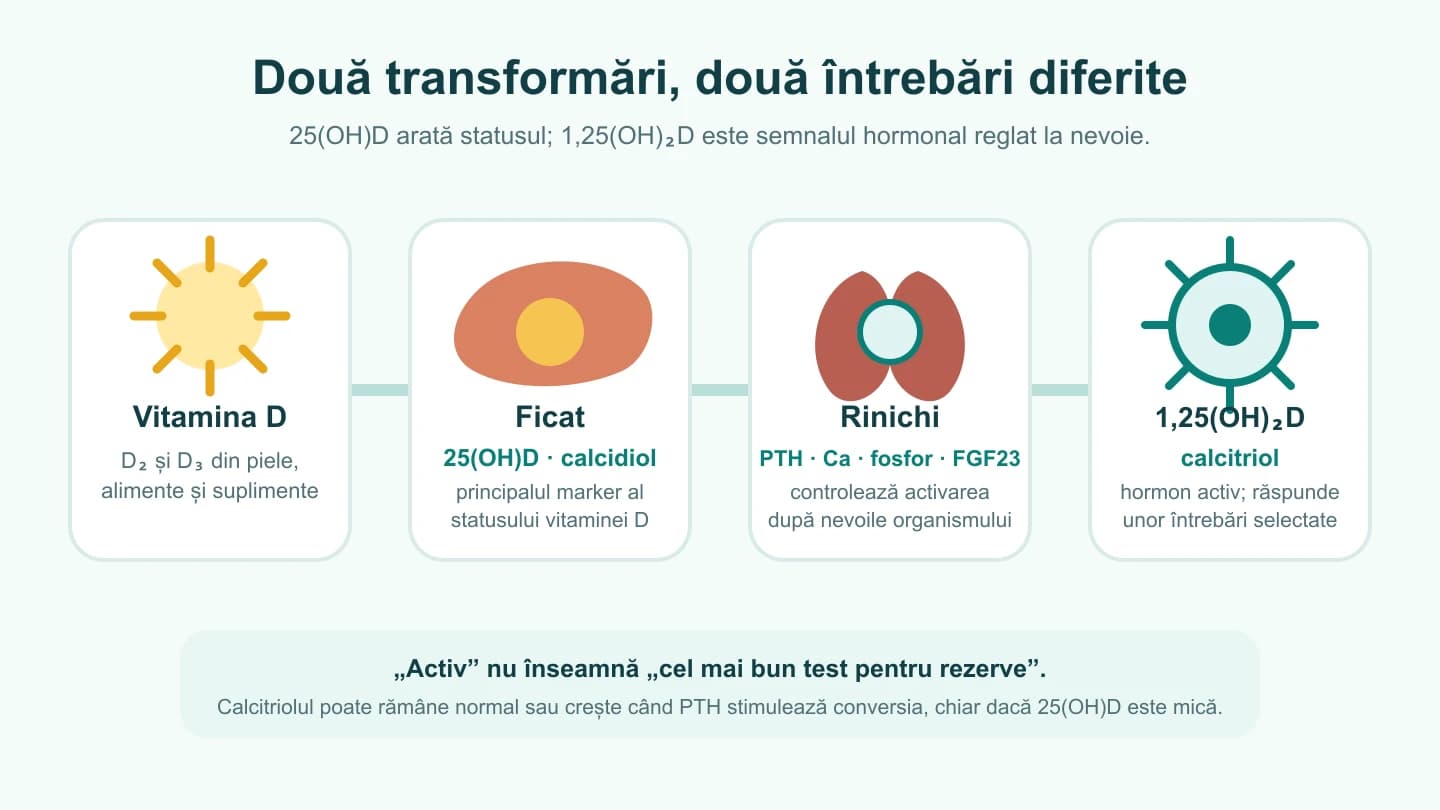 Hartă vizuală a transformării vitaminei D în 25(OH)D în ficat și în calcitriol în rinichi