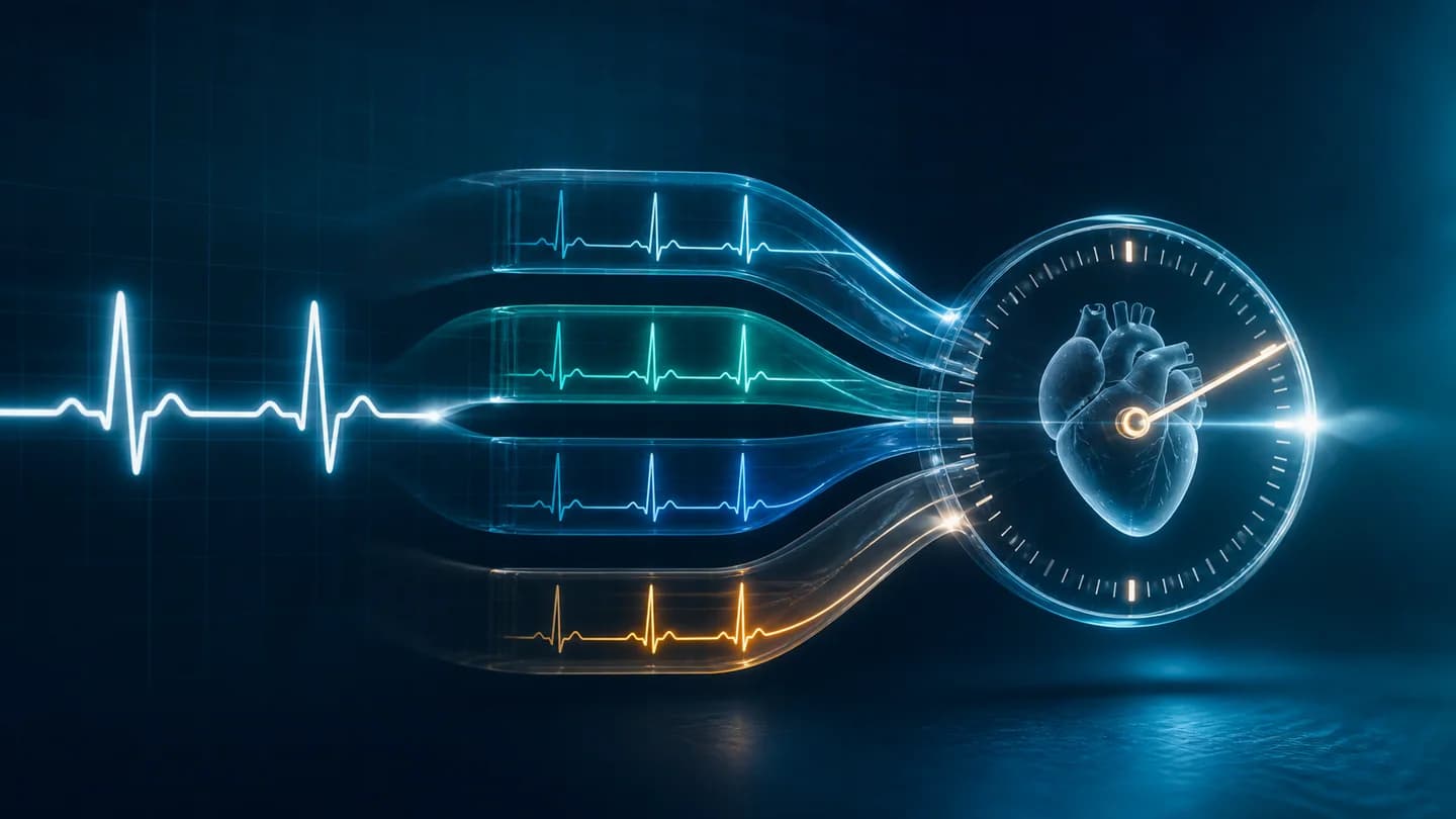 Undă ECG împărțită în patru trasee de corecție către un cadran cardiac
