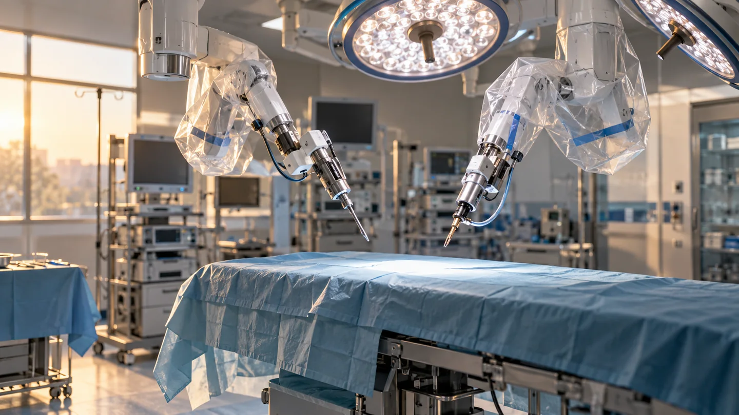 Brațe robotice chirurgicale într-o sală de operație pregătită înaintea unei intervenții.