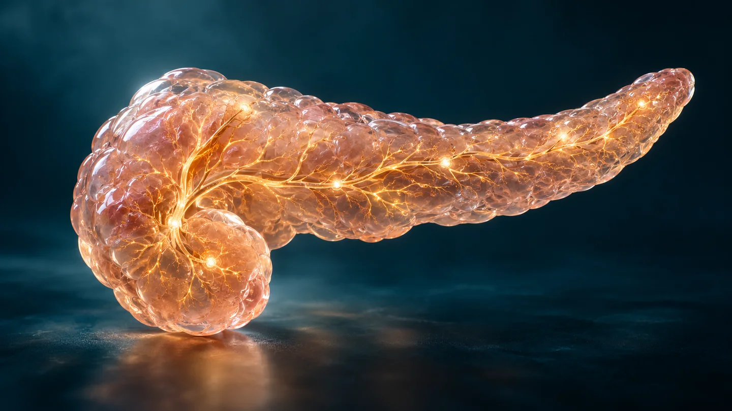 Pancreas stilizat din sticlă translucidă, cu o rețea interioară de semnale luminoase.