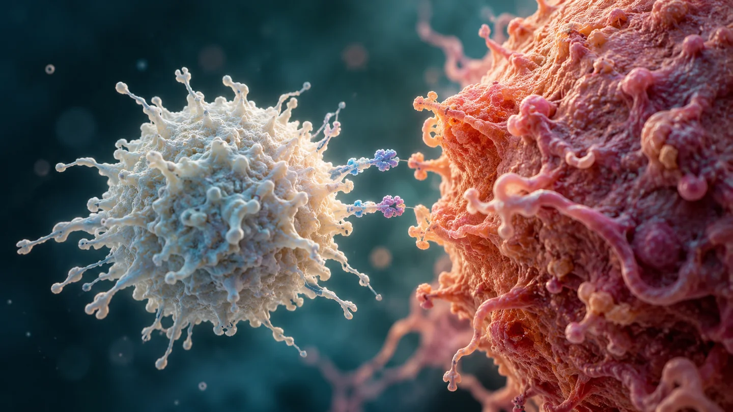 Două celule reprezentate microscopic: un limfocit și o celulă tumorală.