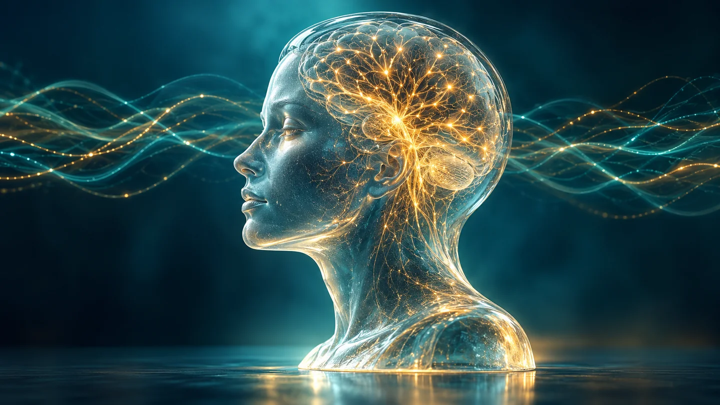 Profil uman translucid, cu o rețea neuronală și semnale electrice stilizate.