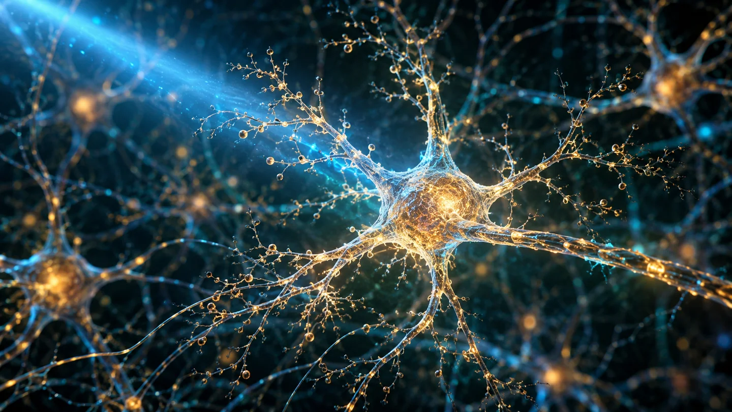 Rețea neuronală stilizată, cu un neuron iluminat de un fascicul albastru.