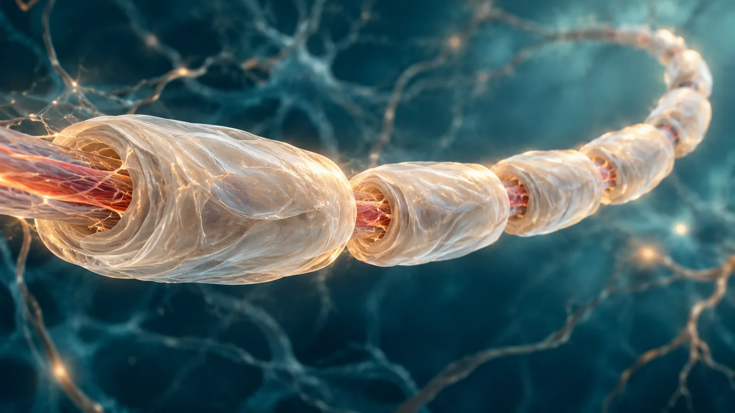 Axon neuronal stilizat, înconjurat de segmente de mielină.