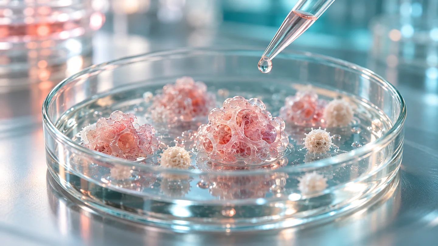 Culturi celulare tridimensionale într-un vas de laborator, cu o pipetă deasupra.