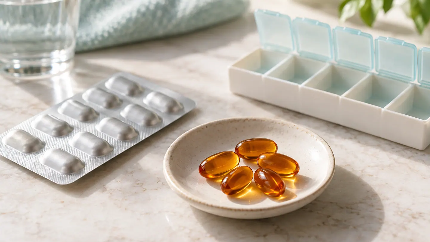 Capsule aurii, blister și organizator de medicamente.