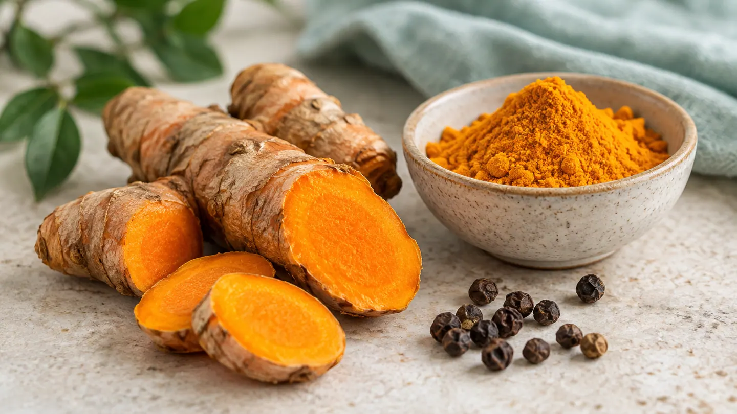Rizomi de turmeric, pulbere portocalie și boabe de piper.