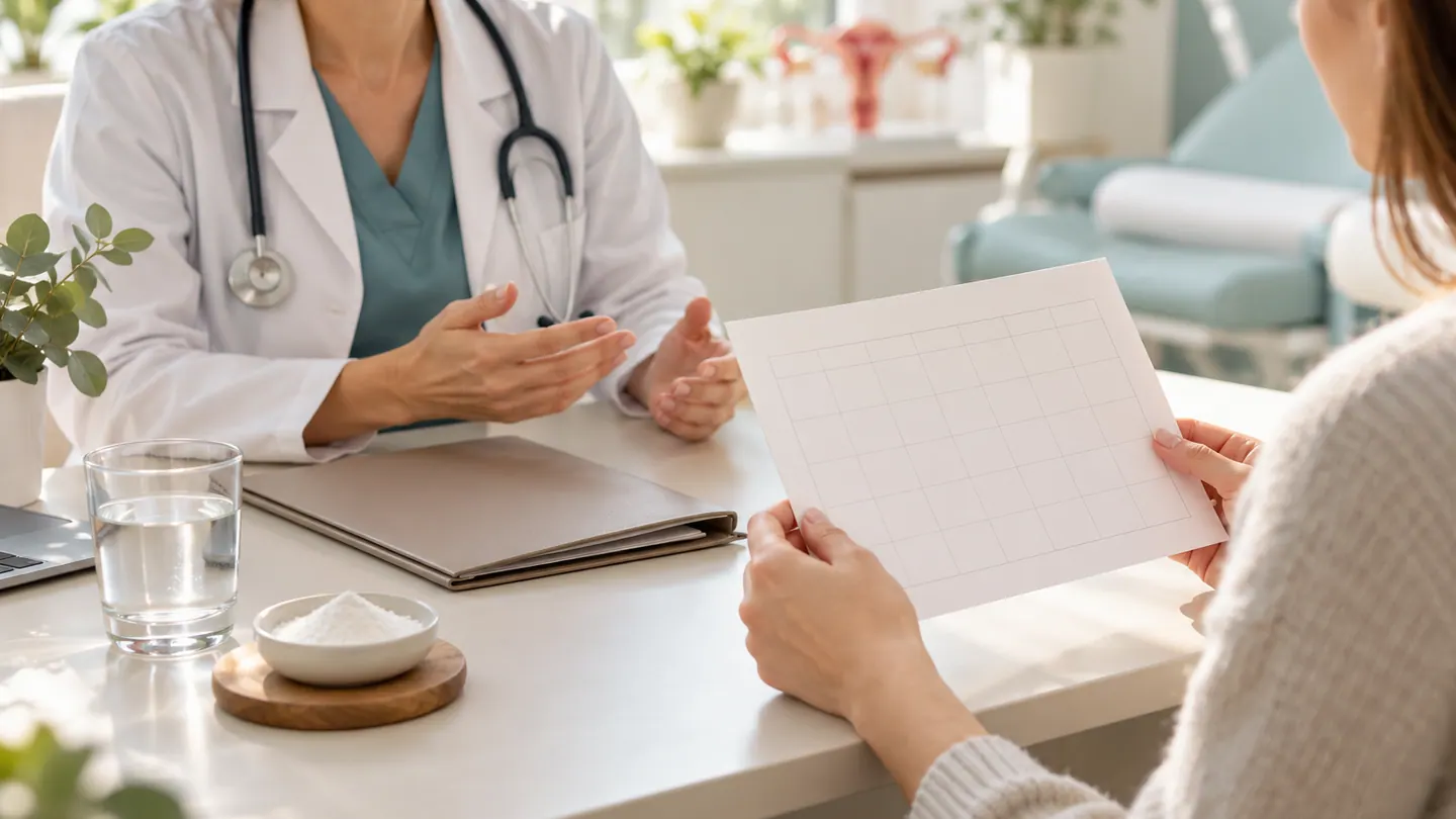 O femeie discută cu un medic ținând un calendar fără însemnări.