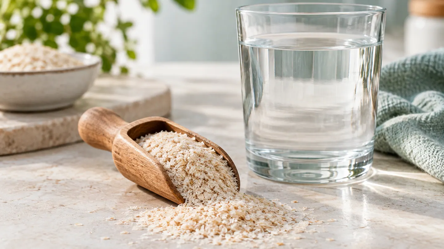Coji de psyllium într-o cupă de lemn lângă un pahar cu apă.