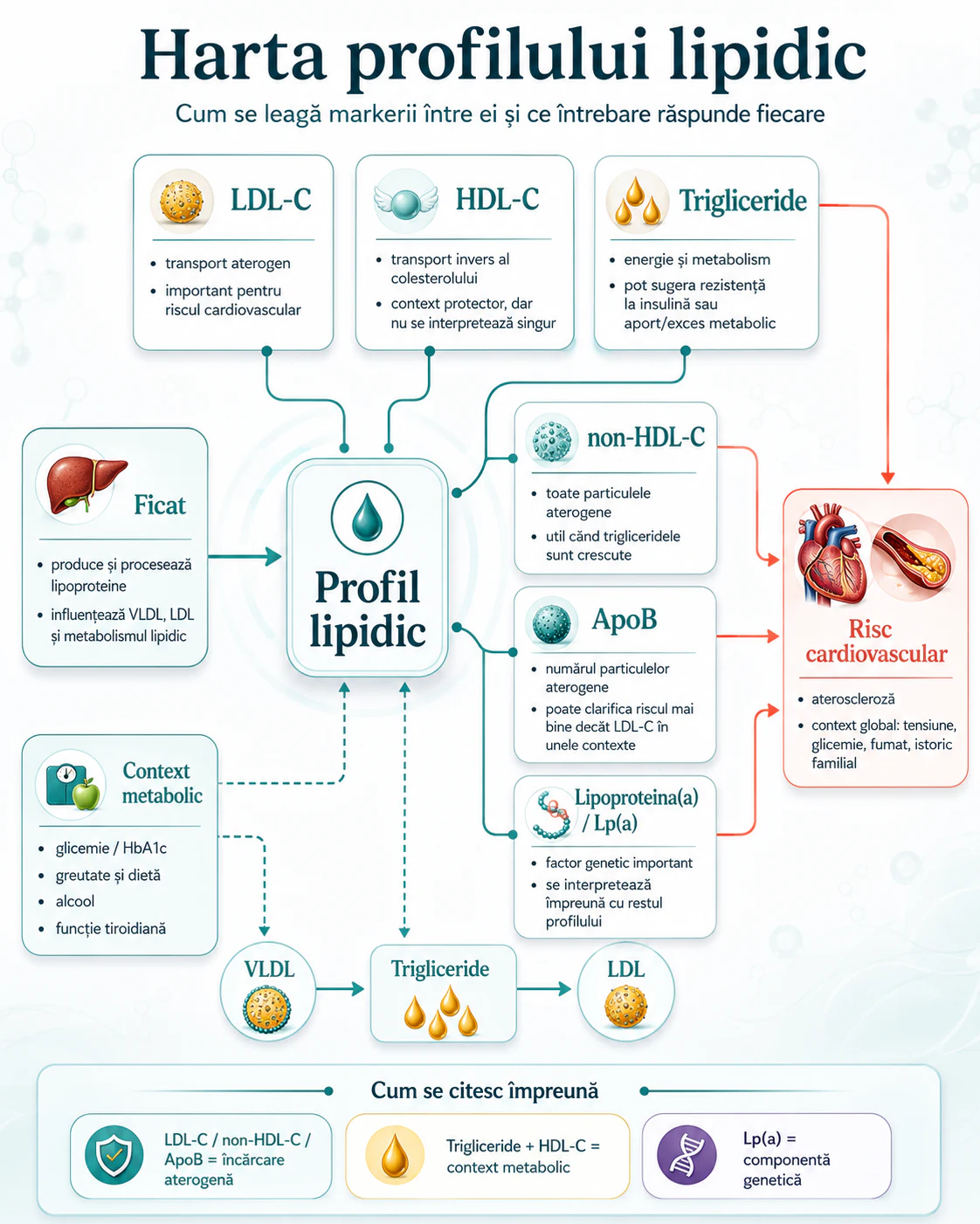 Harta profilului lipidic cu LDL-C, HDL-C, trigliceride, non-HDL-C, ApoB și lipoproteina(a), legate de ficat, context metabolic și risc cardiovascular