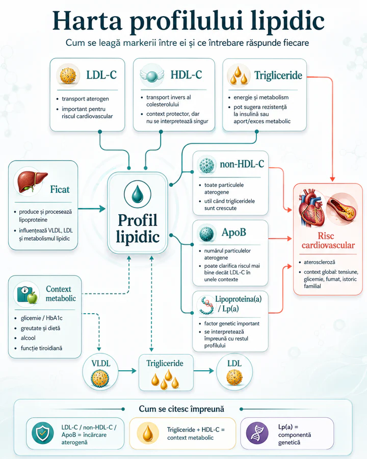 Harta profilului lipidic cu LDL-C, HDL-C, trigliceride, non-HDL-C, ApoB și lipoproteina(a), legate de ficat, context metabolic și risc cardiovascular